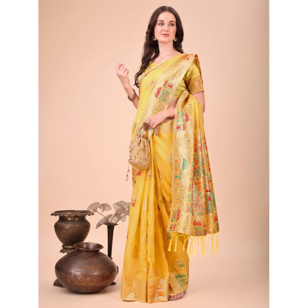 Generic Women's Linen Cotton Printed Saree With Unstitched Blouse 5.5Mtr (Yellow)