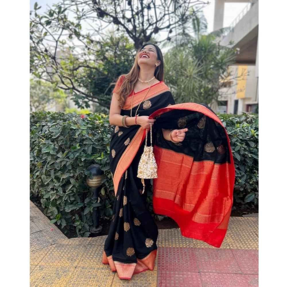 Generic Women's Silk Printed Saree With Unstitched Blouse 5.5Mtr (Black-Red)