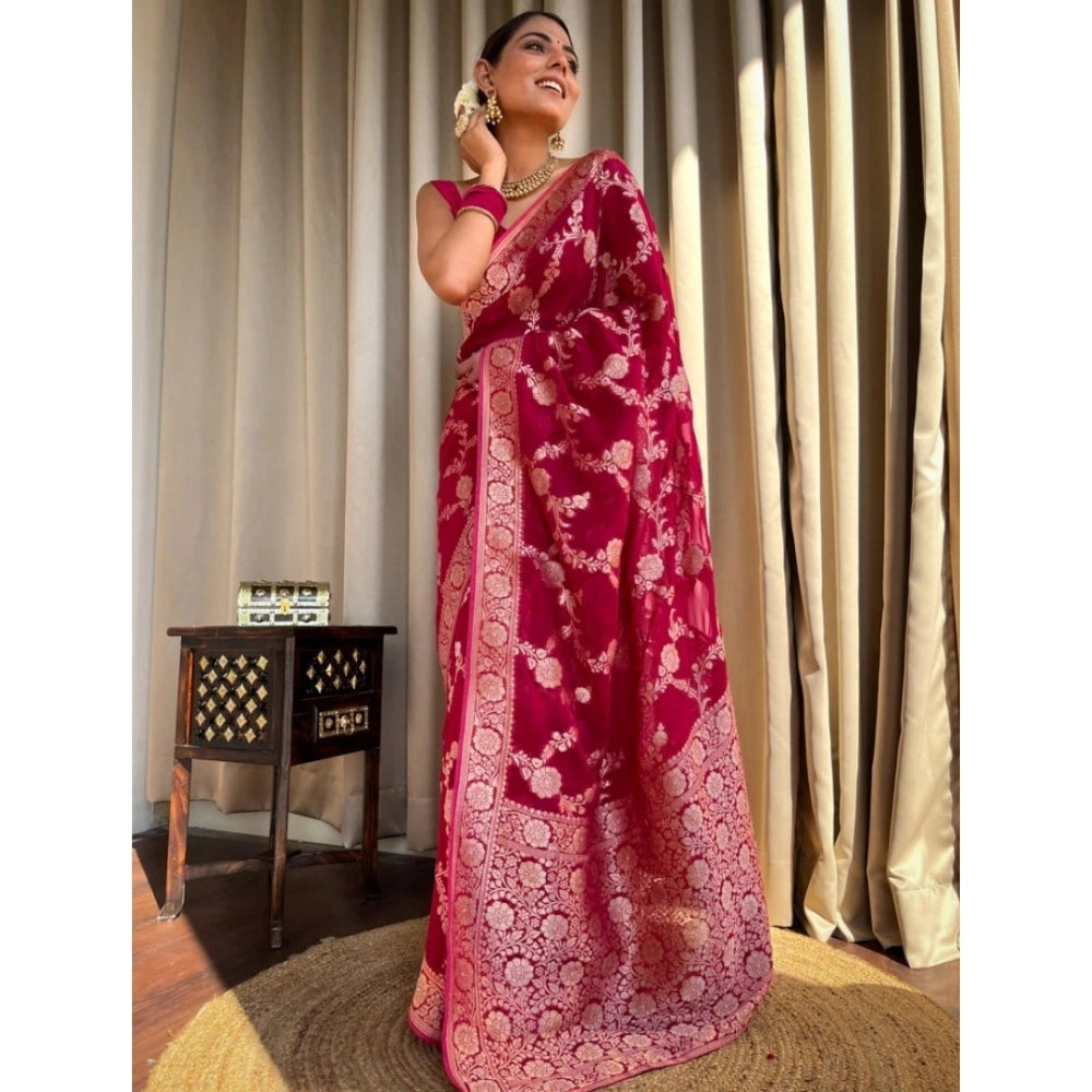 Generic Women's Silk Printed Saree With Unstitched Blouse 5.5Mtr (Pink)