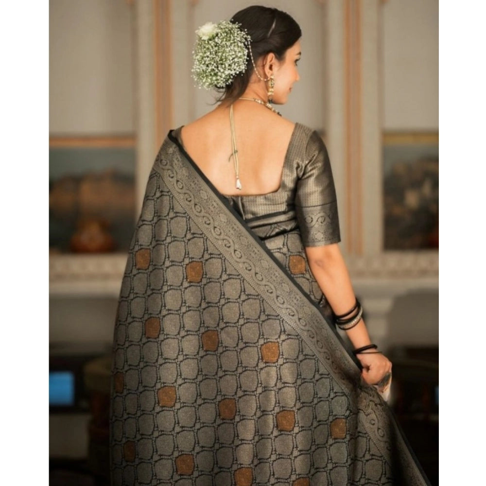 Generic Women's Silk Printed Saree With Unstitched Blouse 5.5Mtr (Black)