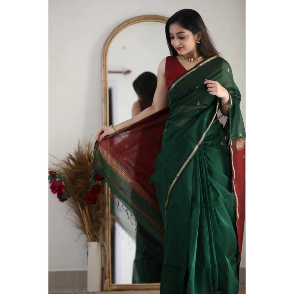 Generic Women's Cotton Printed Saree With Unstitched Blouse 5.5Mtr (Dark Green)