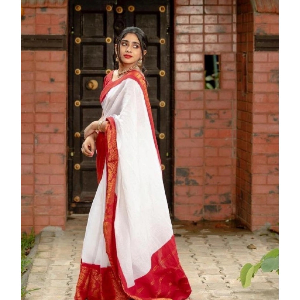 Generic Women's Silk Printed Saree With Unstitched Blouse 5.5Mtr (White)