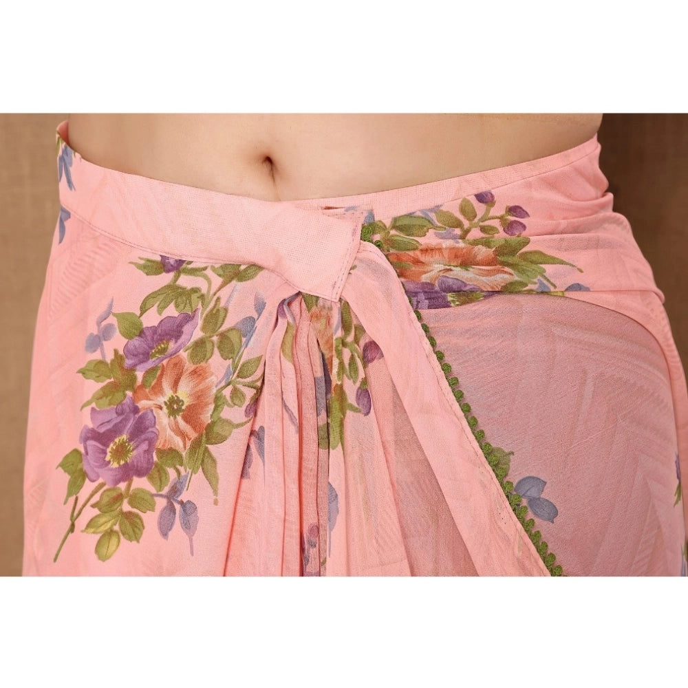 Generic Women's Small Lace Georgette Printed Ready-to-Wear Saree With Unstitched Blouse 5.5 Mtr (Peach)