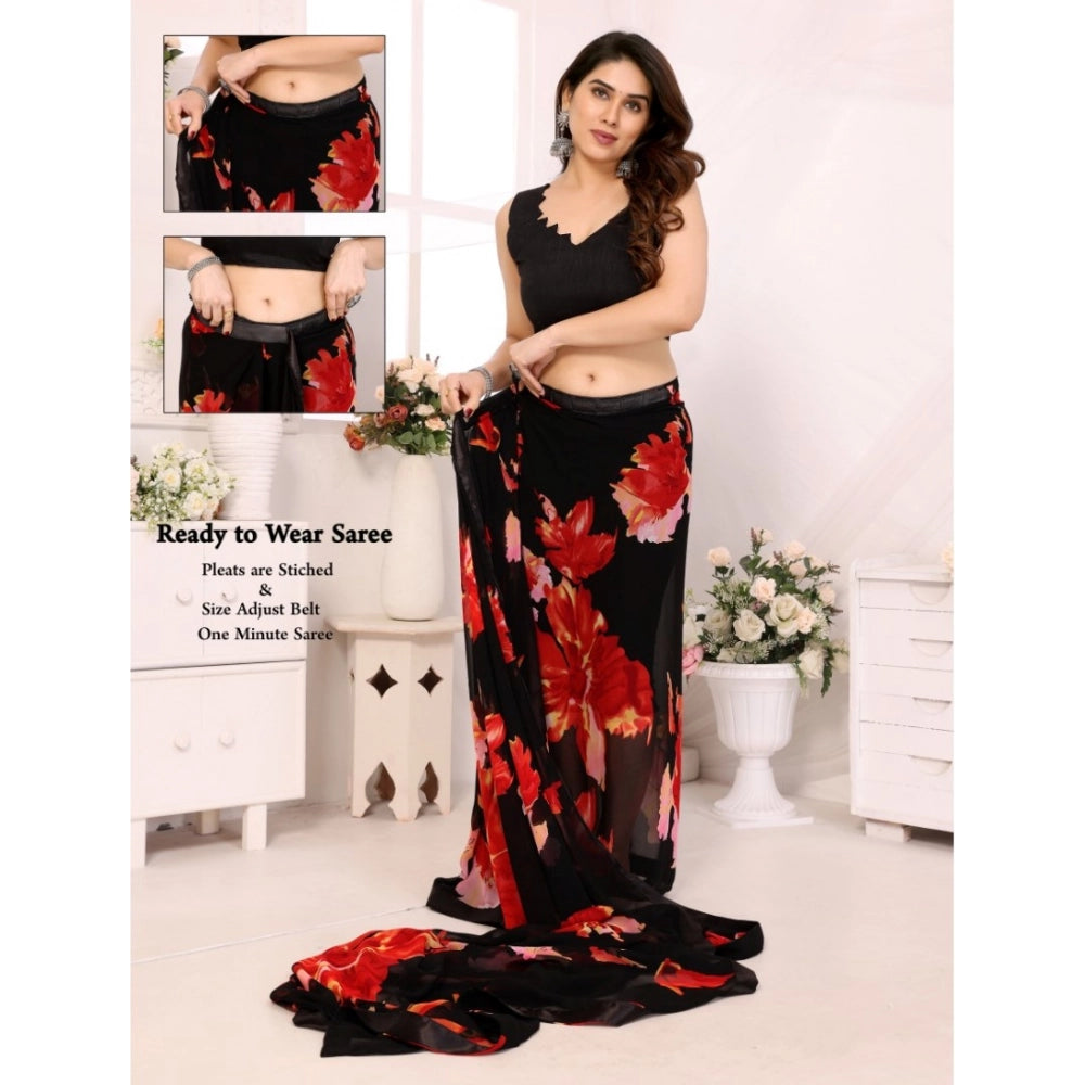 Generic Women's Small Lace Georgette Printed Ready-to-Wear Saree With Unstitched Blouse 5.5 Mtr (Black-Red)