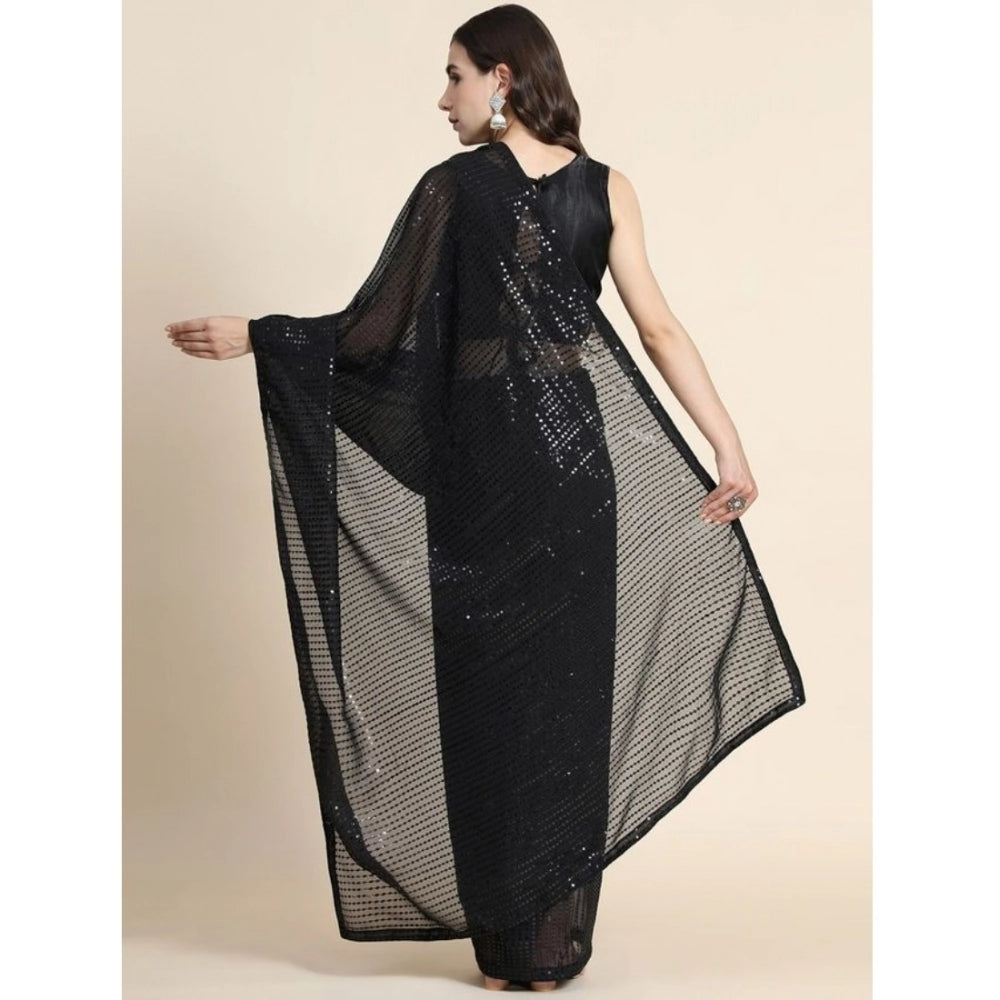 Generic Women's Georgette Embellished Sequnece Bollywood Saree With Unstitched Blouse 5.5Mtr (Black)