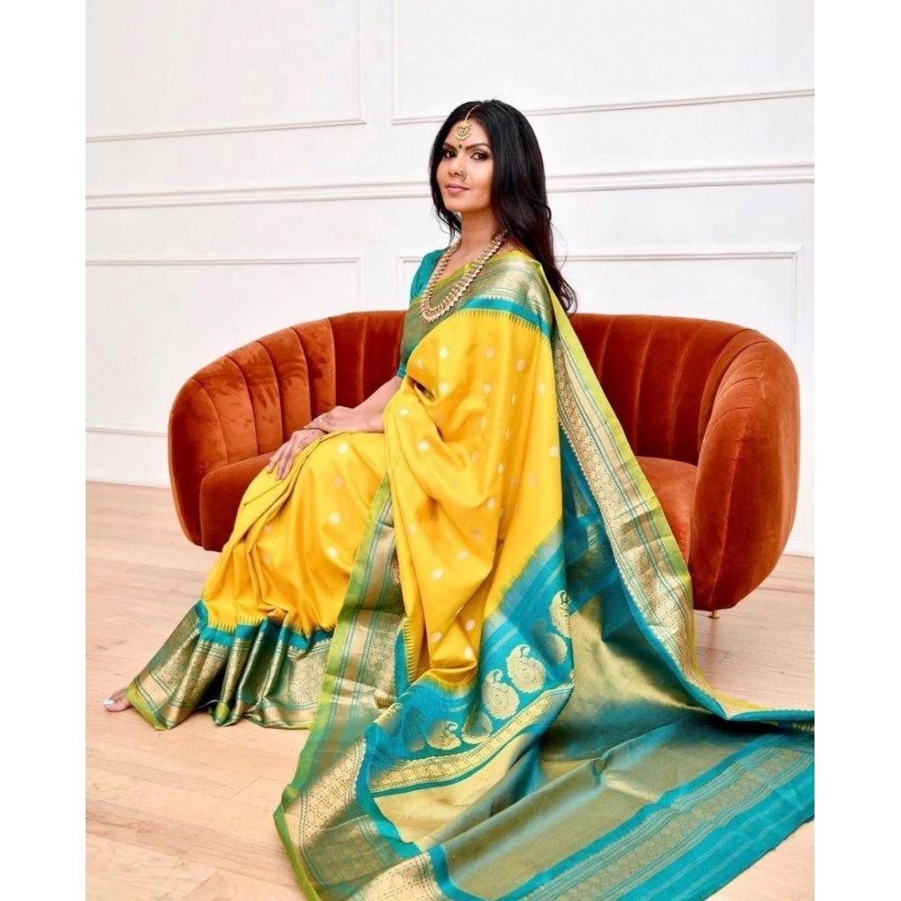 Generic Women's Soft Lichi Silk Printed Saree With Unstitched Blouse 5.5Mtr (Yellow)