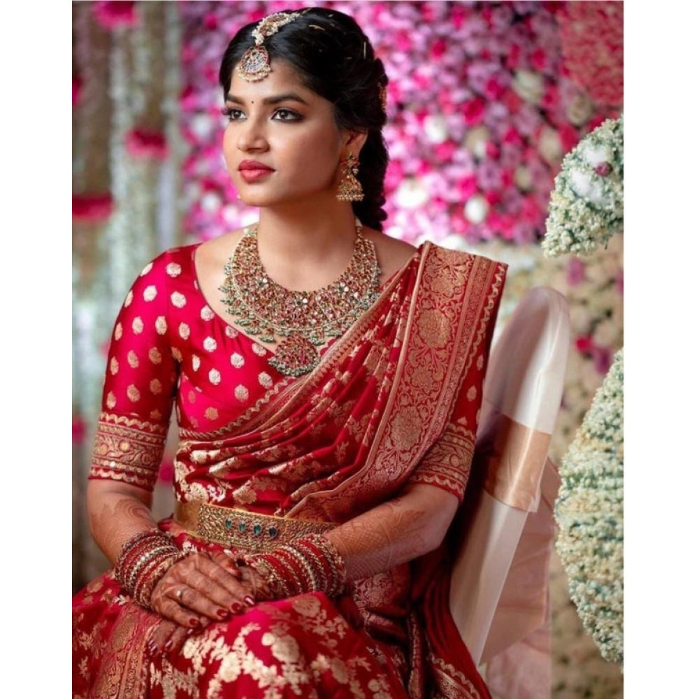 Generic Women's Litchi silk Printed Saree With Unstitched Blouse (Red)