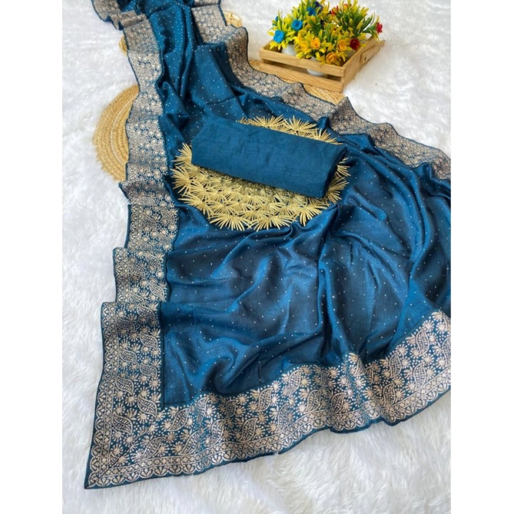 Generic Women's Silk Embroidred Saree With Unstitched Blouse 5.5Mtr (Light Green)