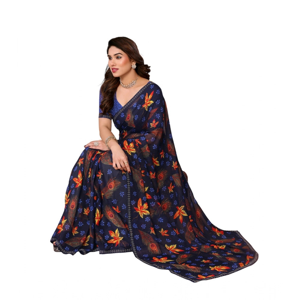 Generic Women's Georgette Printed Saree With Unstitched Blouse 5.5Mtr (Blue)