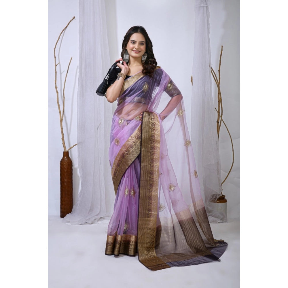 Generic Women's Organza jacquard Embellished Saree With Unstitched Blouse 5.5Mtr (Purple)