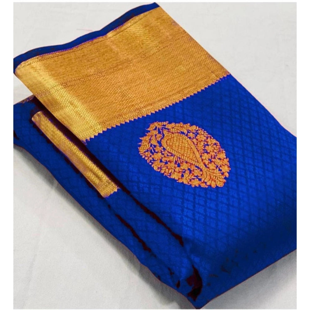 Generic Women's Soft Lichi Silk Printed Saree With Unstitched Blouse 5.5Mtr (Royal-Blue)