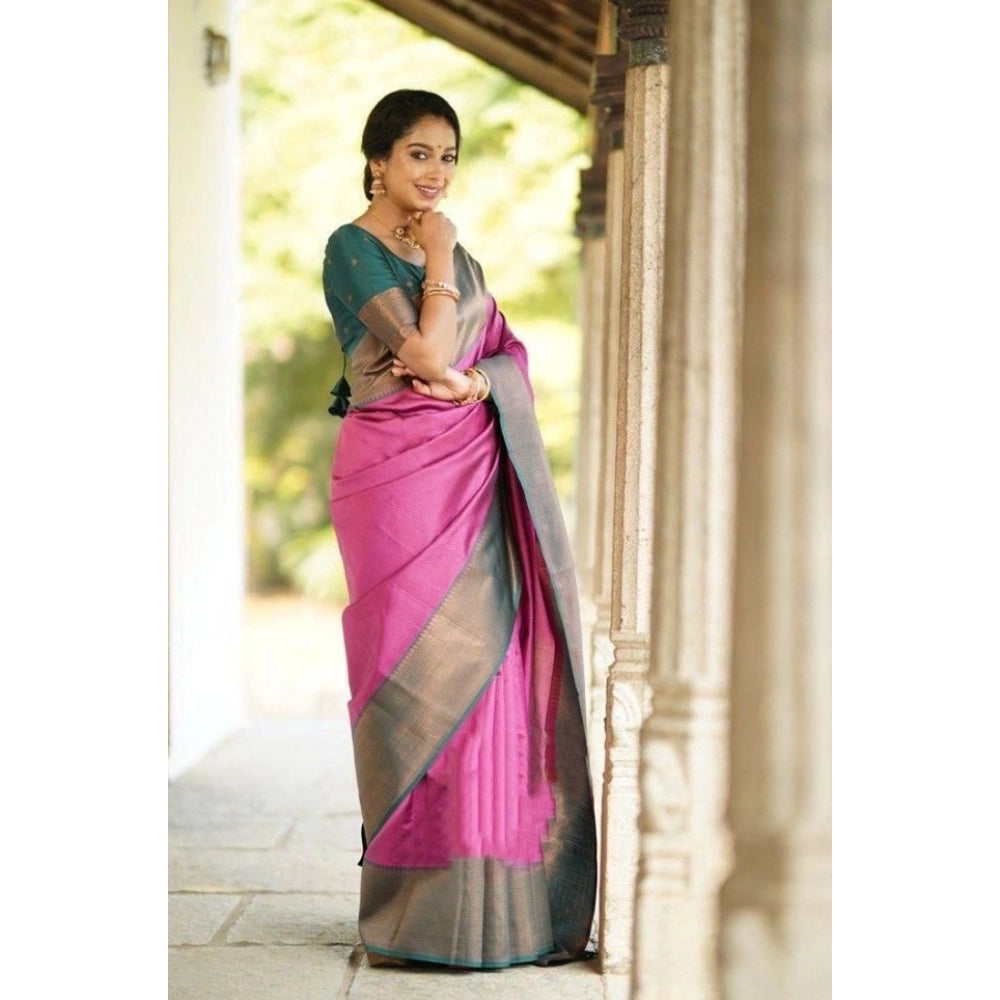 Generic Women's Soft Lichi Silk Printed Saree With Unstitched Blouse 5.5Mtr (Pink)