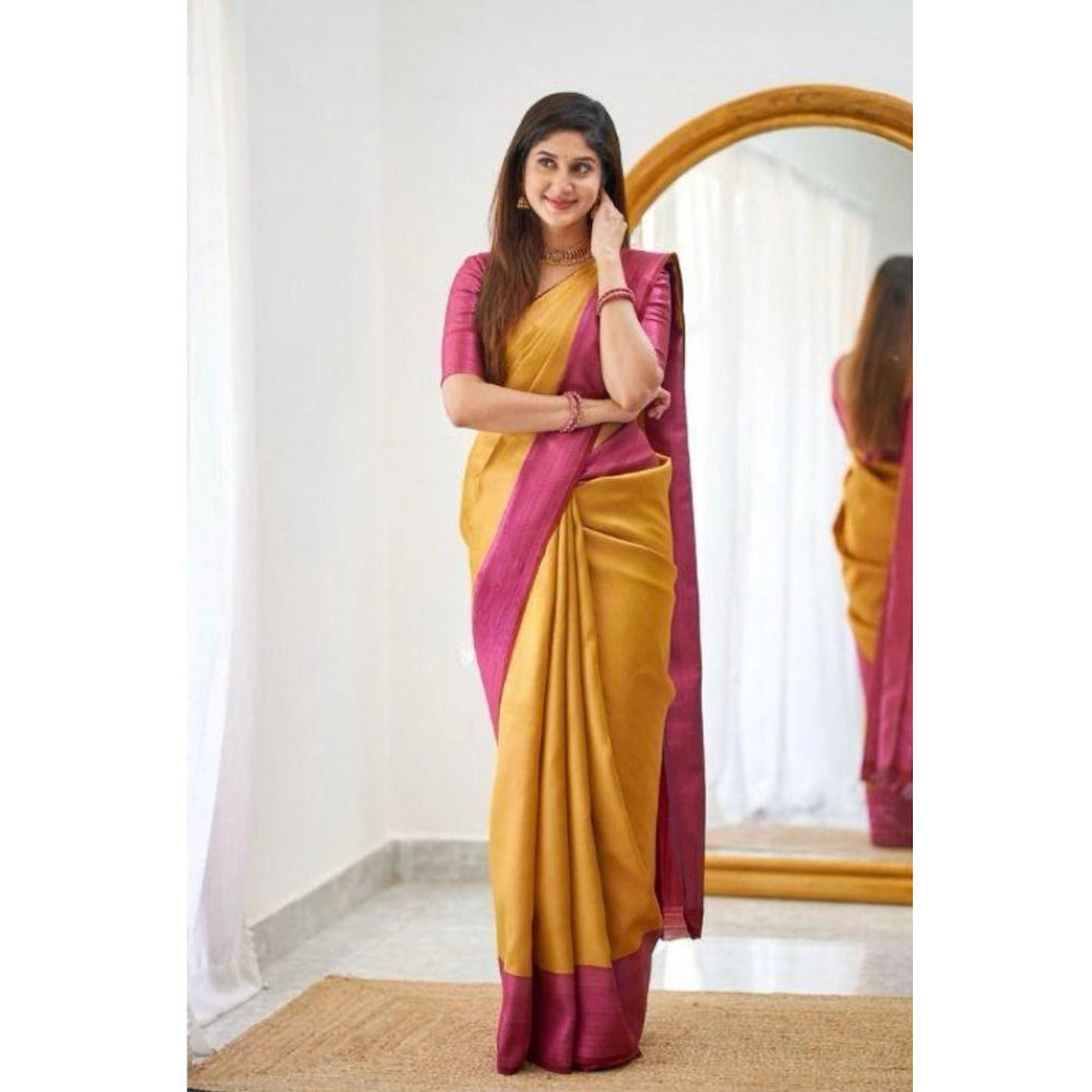 Generic Women's Soft Lichi Silk Printed Saree With Unstitched Blouse 5.5Mtr (Mustard )