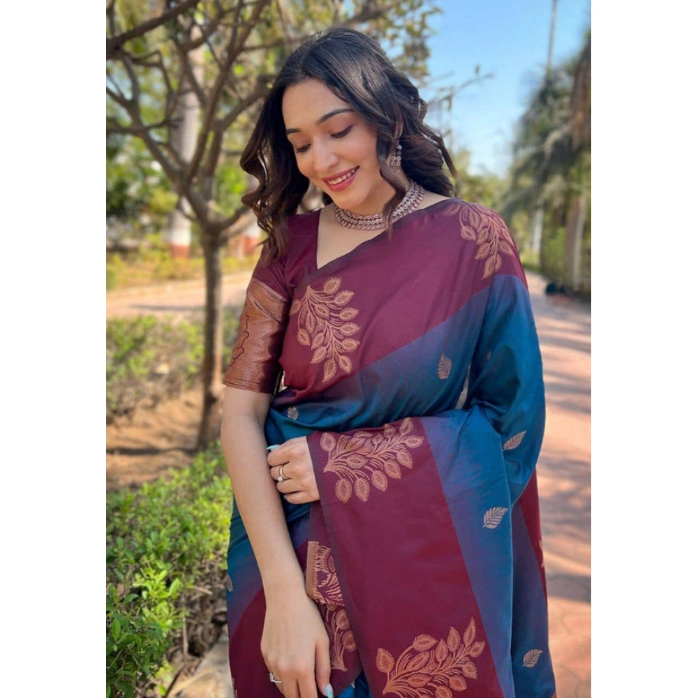 Generic Women's Soft Lichi Silk Printed Saree With Unstitched Blouse 5.5Mtr (Blue)