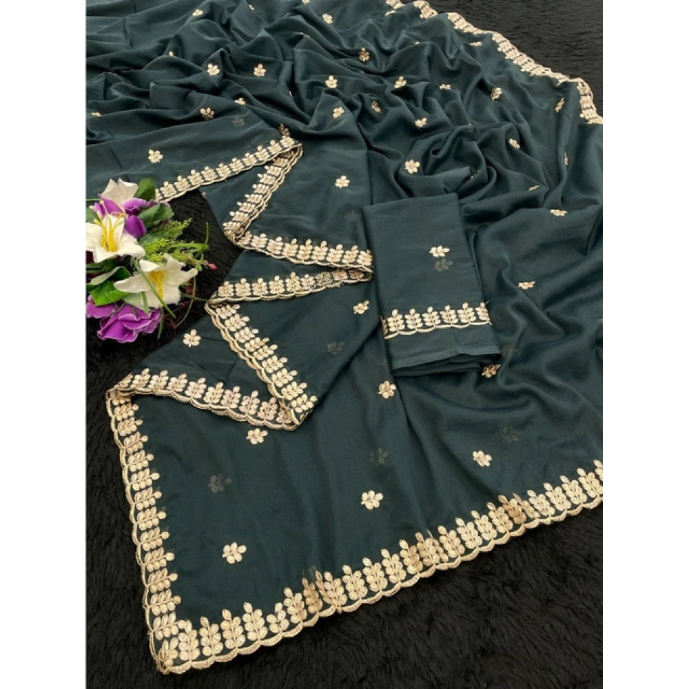 Generic Women's Georgette Embroidered Saree With Unstitched Blouse 5.5Mtr (Teal)