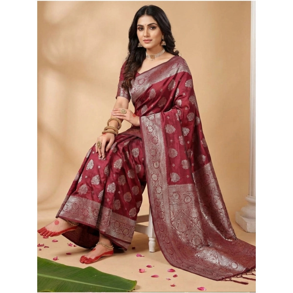 Generic Women's Silk Blend Printed Saree With Unstitched Blouse 5.5Mtr (Maroon)