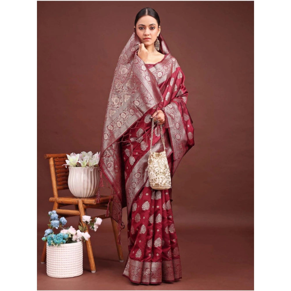Generic Women's Banarasi Silk Printed Saree With Unstitched Blouse 5.5Mtr (Maroon)