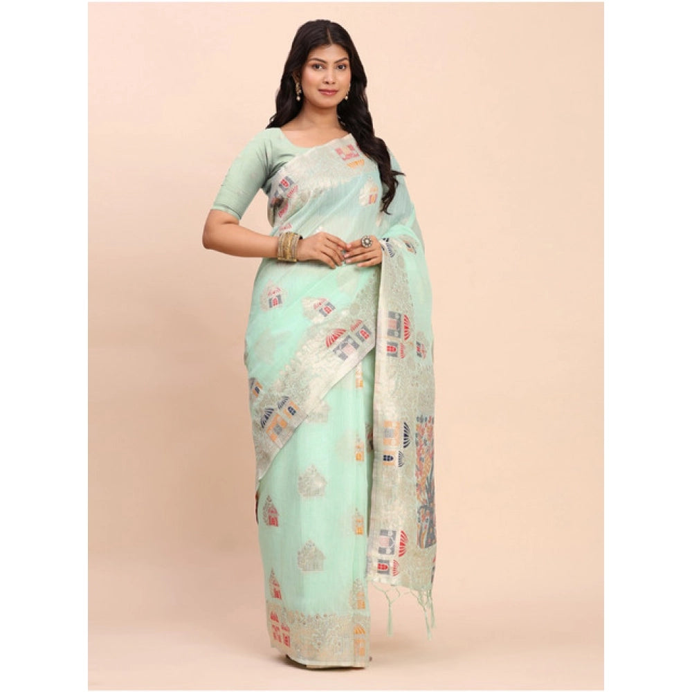 Generic Women's Linen Cotton Printed Saree With Unstitched Blouse 5.5Mtr (Sea Green)