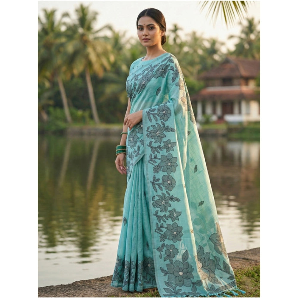 Generic Women's Linen Cotton Printed Saree With Unstitched Blouse 5.5Mtr (Sea Green)