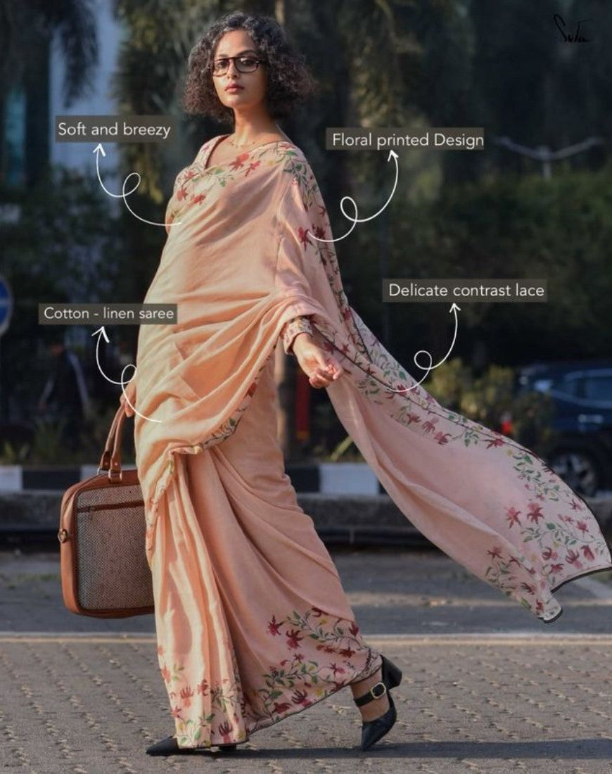 Generic Women's Linen Floral Printed Saree With Unstitched Blouse - 5.5 Mtr (Peach)