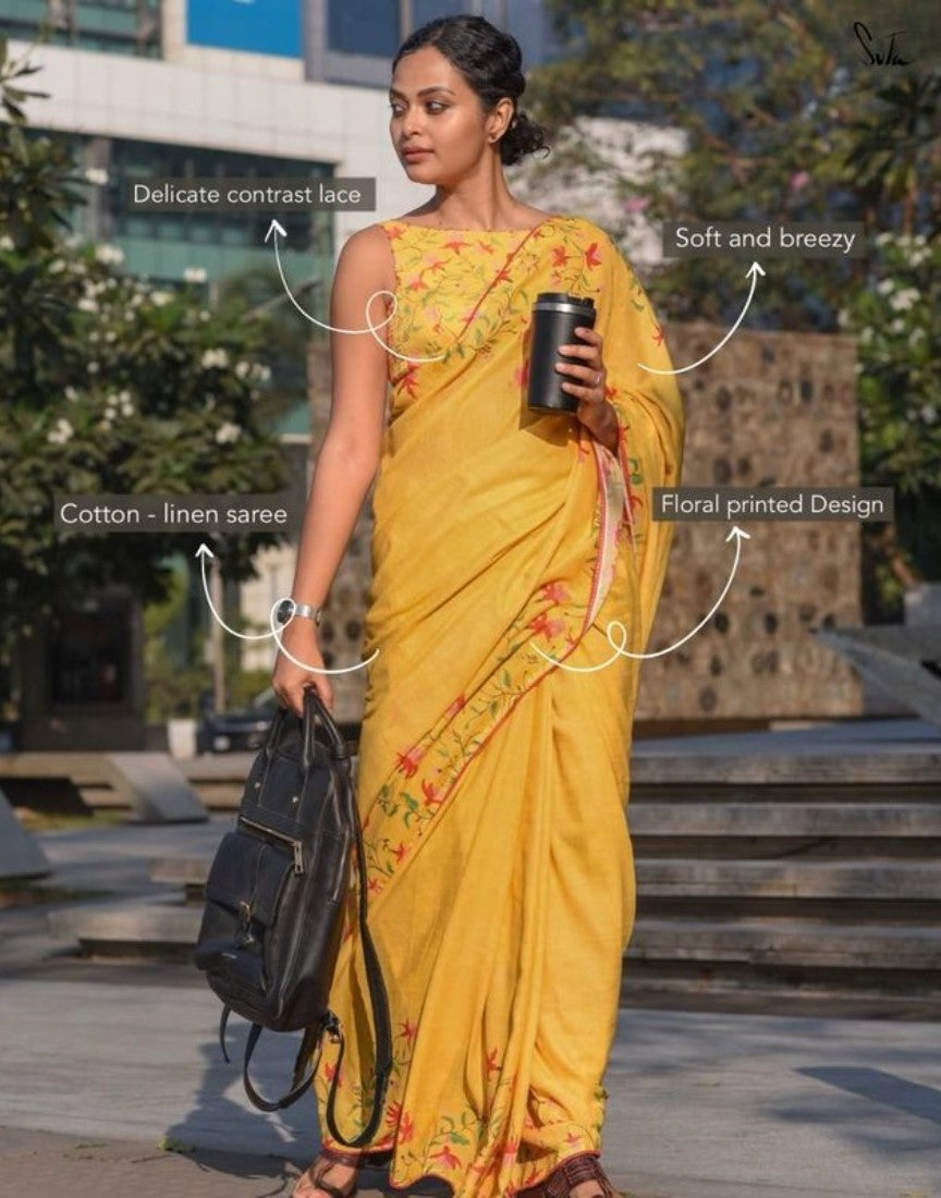 Generic Women's Linen Floral Printed Saree With Unstitched Blouse - 5.5 Mtr (Yellow)