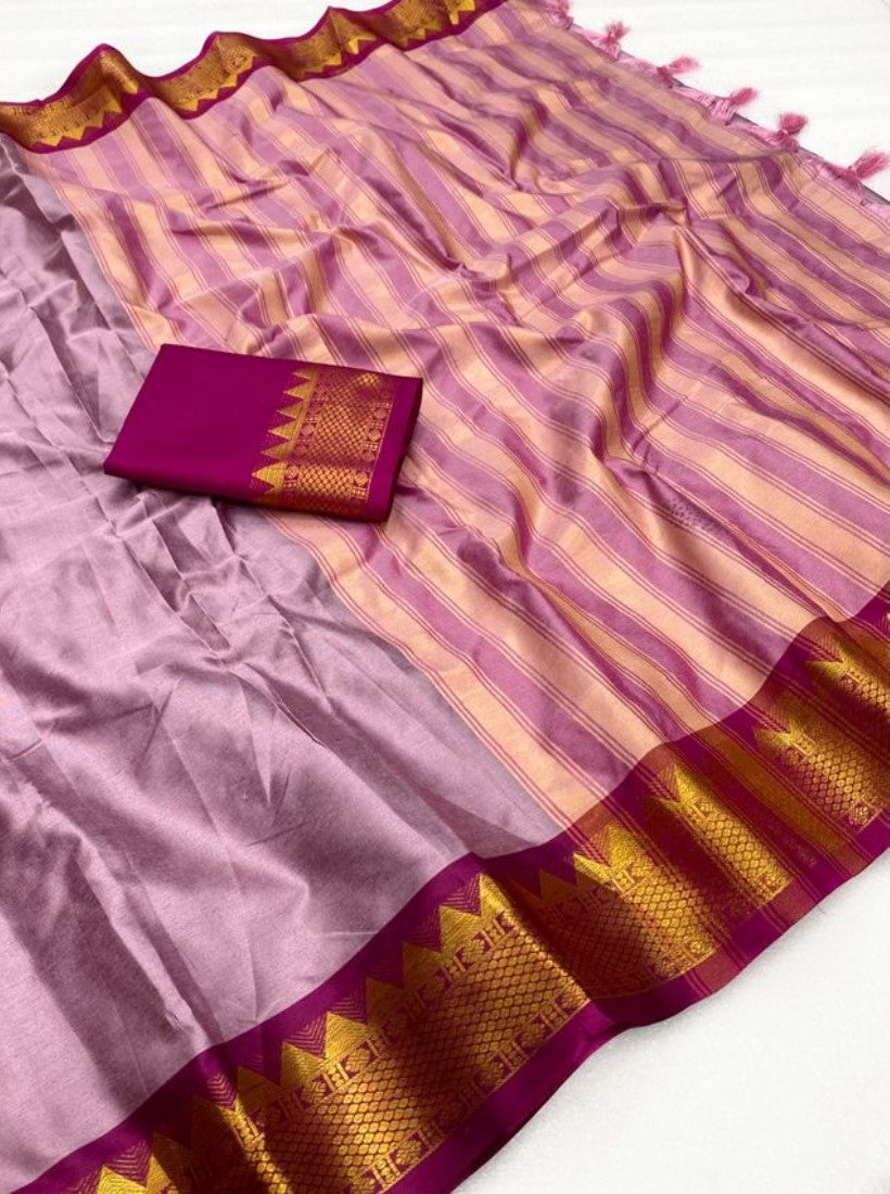 Generic Women's Cotton Silk Striped Saree With Unstitched Blouse - 5.5 Mtr (Lavender-Maroon)