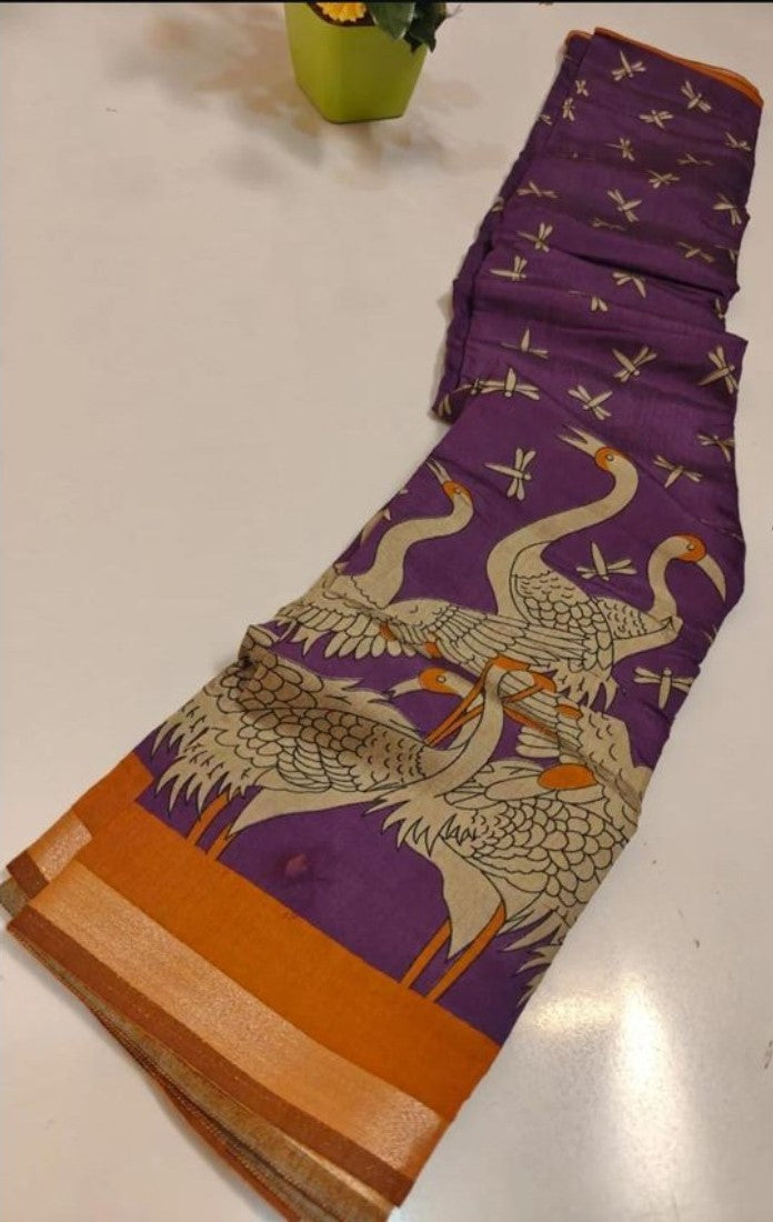 Generic Women's Linen Kalamkari Printed Saree With Unstitched Blouse - 5.5 Mtr (Purple-Orange)