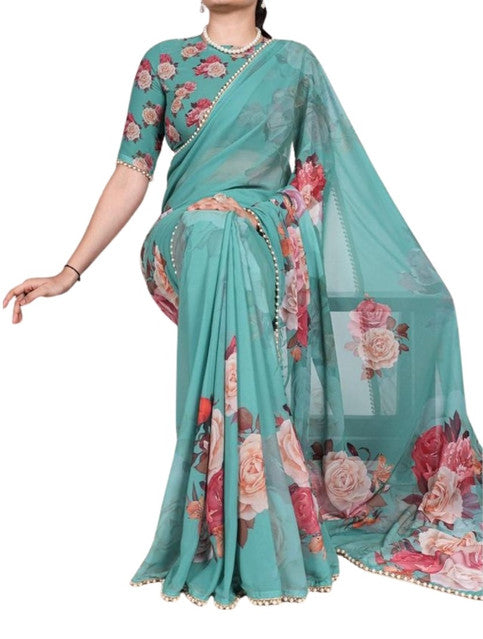 Generic Women's Georgette Floral Printed Saree With Unstitched Blouse - 5.5 Mtr (Aqua Blue)