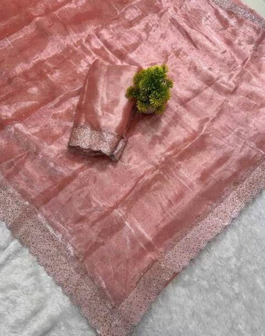 Generic Women's Fendy Chiffon Embellished Saree With Unstitched Blouse - 5.5 Mtr (Peach)