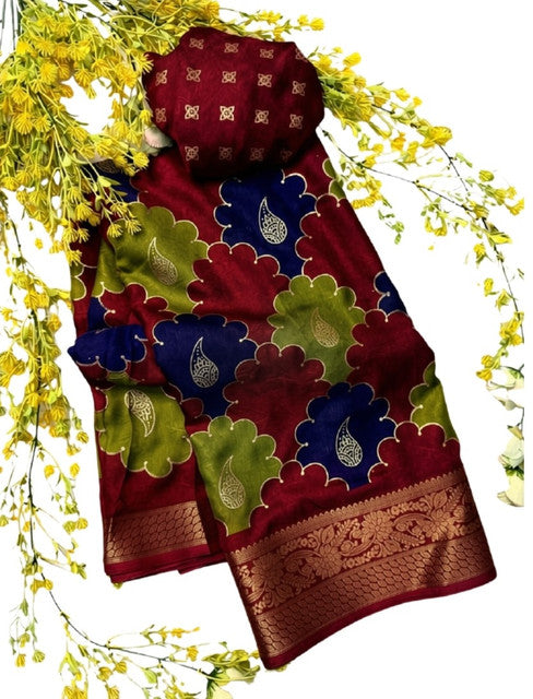 Generic Women's Dola Silk Kalamkari Floral Printed Saree With Unstitched Blouse - 5.5 Mtr (Multicolor)