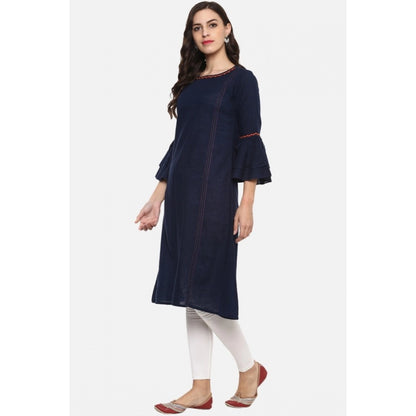 Generic Women's Casual Bell Sleeves Solid Cotton Slub Kurti (Blue)