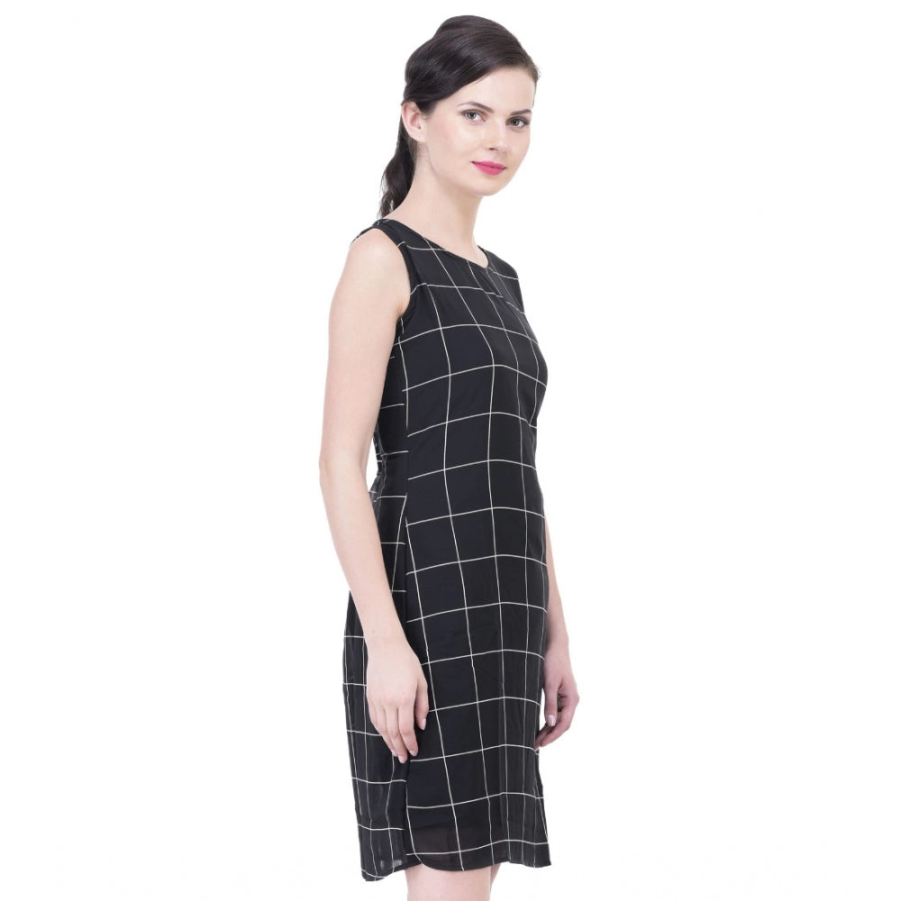 Generic Women's Cotton Blend Checked Sleeveless Sheath Dress (Black)