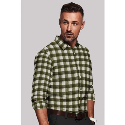 Generic Men's Cotton Blended Checked Full Sleeve Shirt (White-Green)