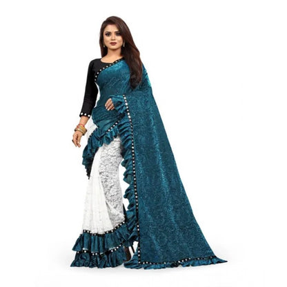 Generic Women's Silk With Mirror Lace Solid Saree With Unstitched Blouse (Rama, 5-5 Mtrs)