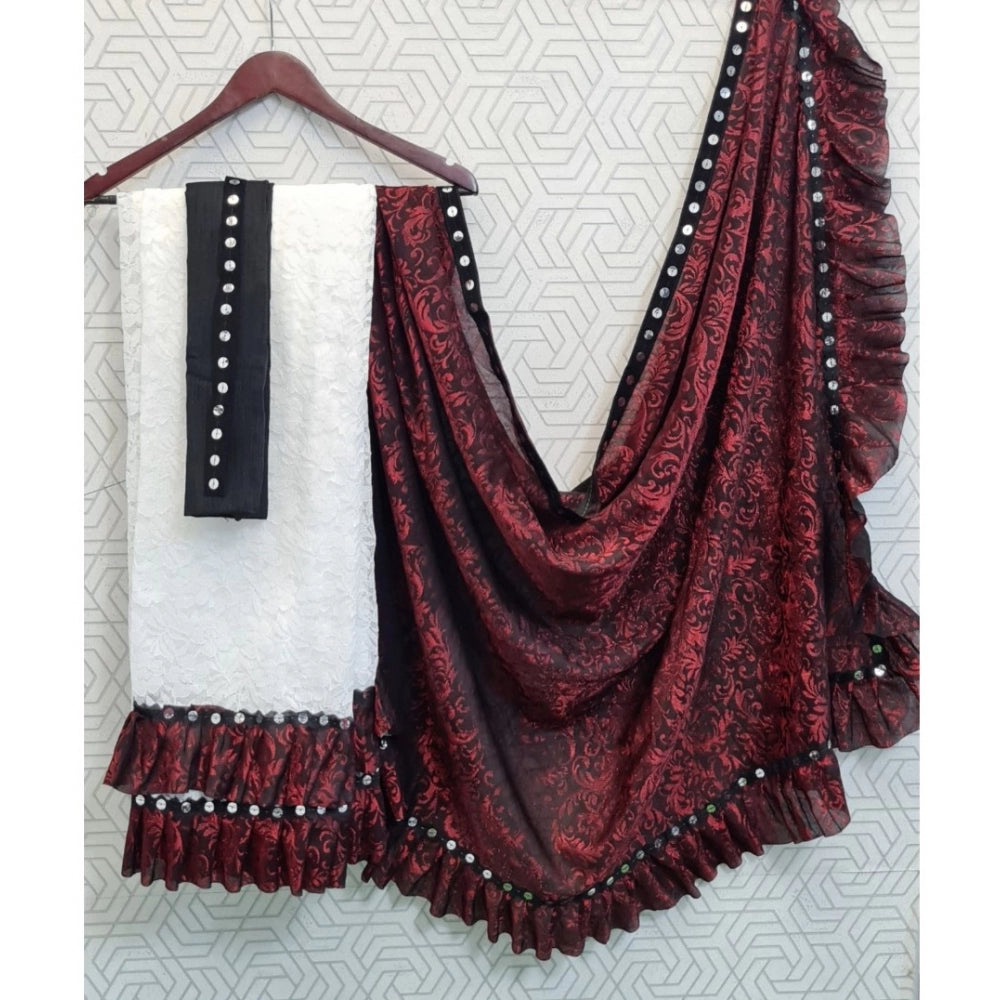 Generic Women's Silk With Mirror Lace Solid Saree With Unstitched Blouse (Red, 5-5 Mtrs)