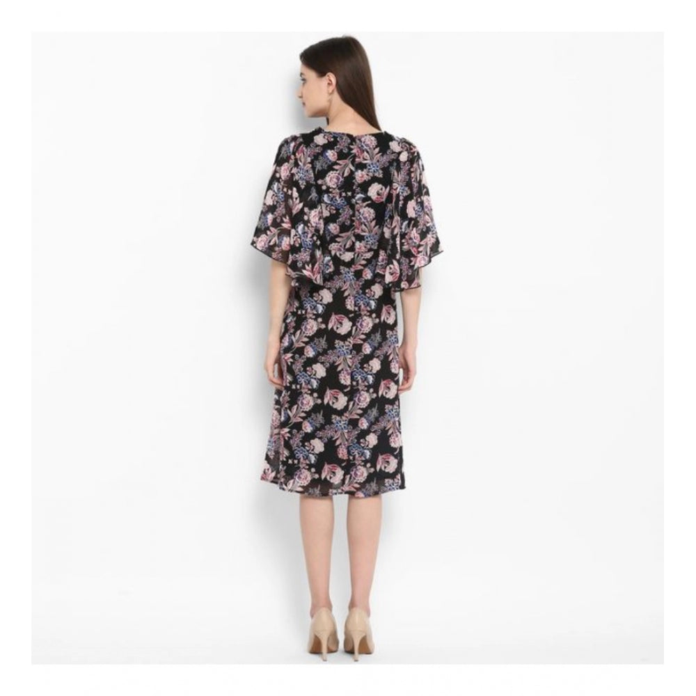 Generic Women's Polyester Floral Short Sleeve Knee-Length Dress (Black - Multicolor)