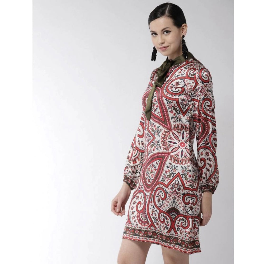 Generic Women's Polyester Printed Long Sleeves Above Knee Dress (Red)