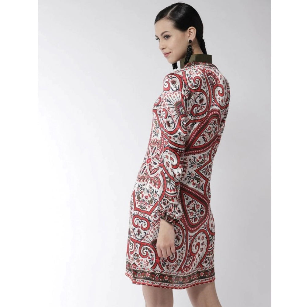 Generic Women's Polyester Printed Long Sleeves Above Knee Dress (Red)