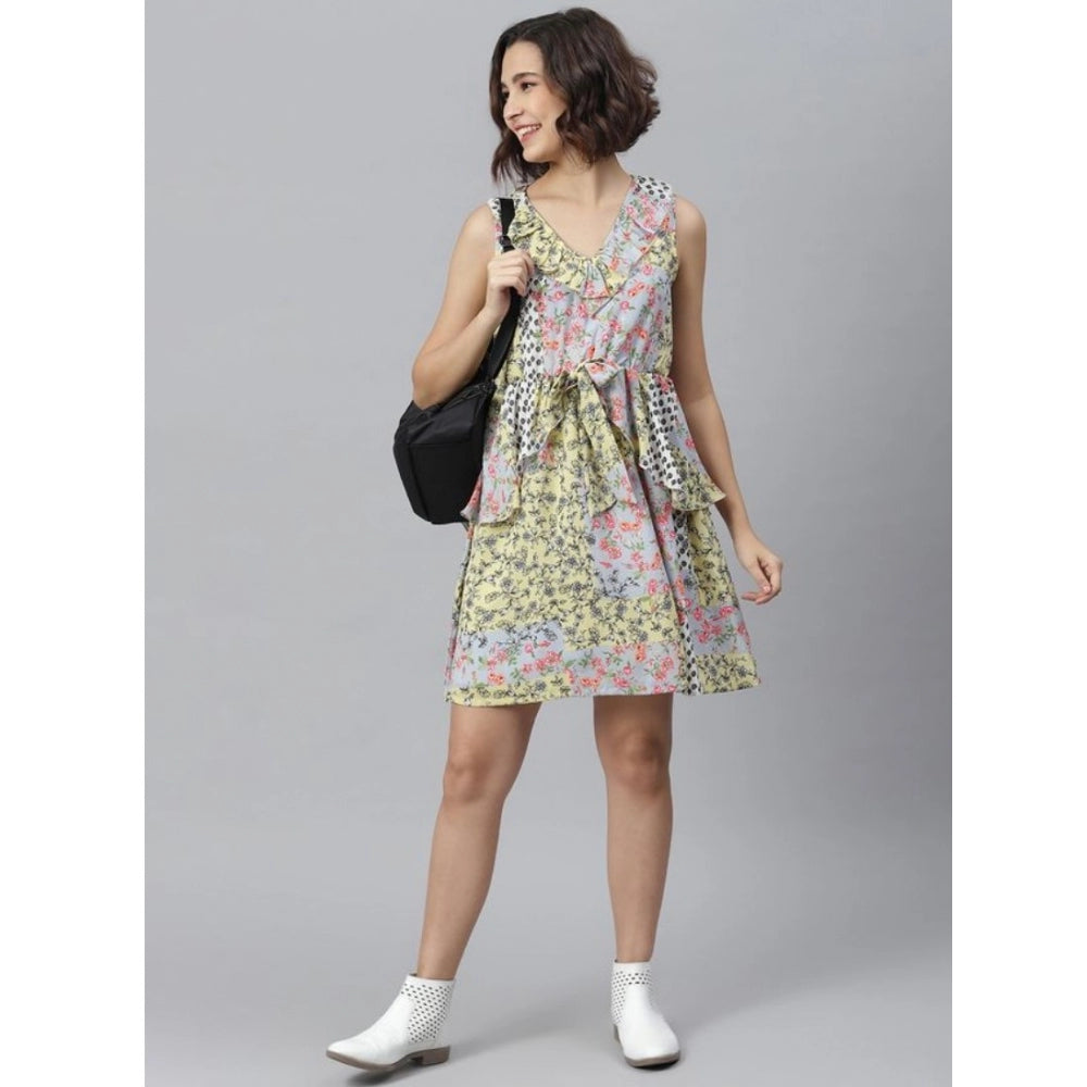 Generic Women's Polyester Peplum Sleeveless Above Knee Dress (Multicolor)
