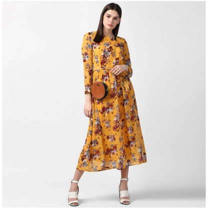 Generic Women's Polyester Floral Long Sleeves Calf-length Dress (Yellow)