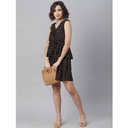 Generic Women's Polyester Peplum Sleeveless Above Knee Dress (Black)