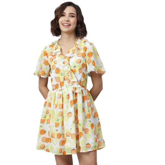 Generic Women's Polyester Printed Flutter Above Knee Dress (Yellow - Orange)
