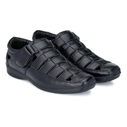 Generic Men's Casual Faux Leather Solid Velcro Sandal (Black)
