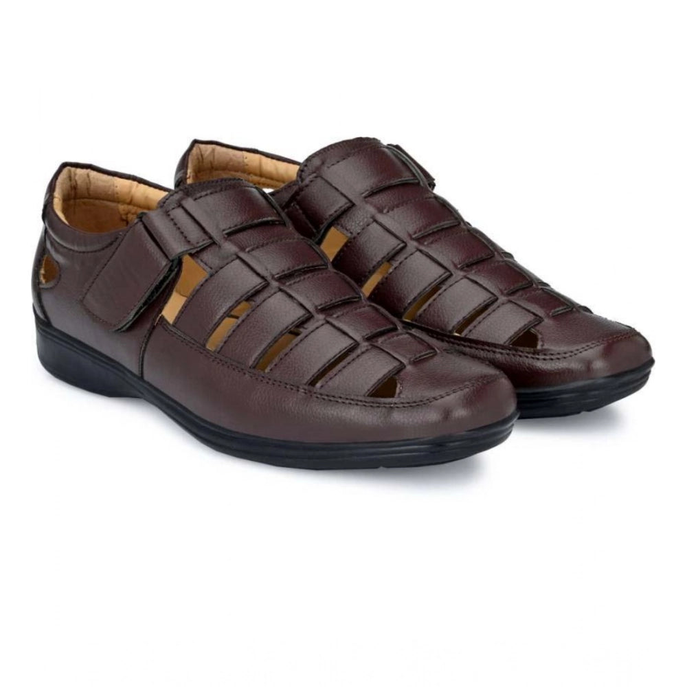 Generic Men's Casual Faux Leather Solid Velcro Sandal (Brown)