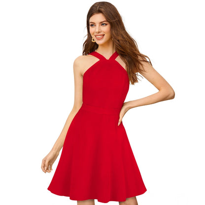 Generic Women's Knitting stretchable Solid Halter Neck Sleeveless Dress (Red )