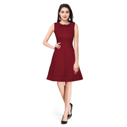 Generic Women's Polyester Solid Round Neck Sleeveless Dress (Maroon)