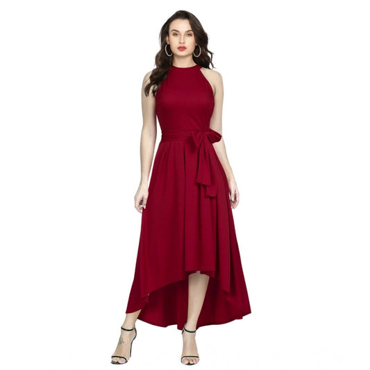 Generic Women's Polyster Solid Halter Neck Sleeveless Dress (Maroon)