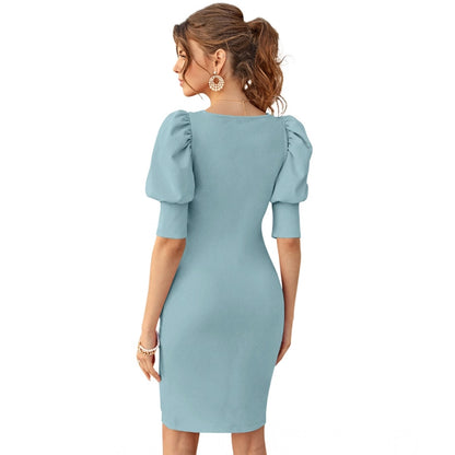 Generic Women's Knitting stretchable Solid Square Neck 3-4 Puff Sleeve Dress (Pista)