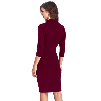 Generic Women's Knitting stretchable Solid Round Neck 3-4th Dress (Maroon)