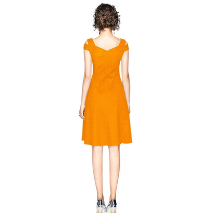 Generic Women's Polyester Solid V Neck Cap Sleeve off Shoulder Dress (Yellow)